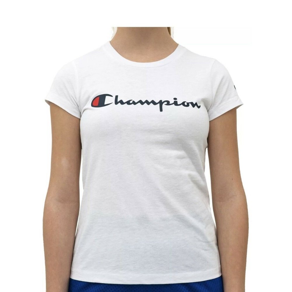 Champion Girls' Original Short Sleeve T-Shirt White Navy Logo Athletic Size Med